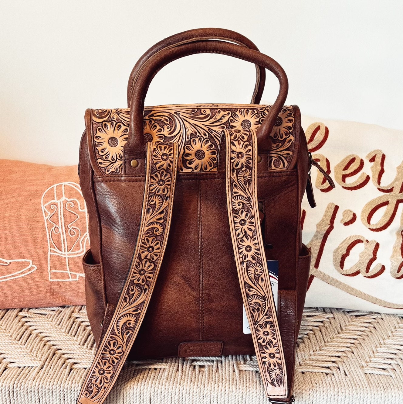 Vintage Unisex Tan Leather Tooled Backpack – Royal Stache
