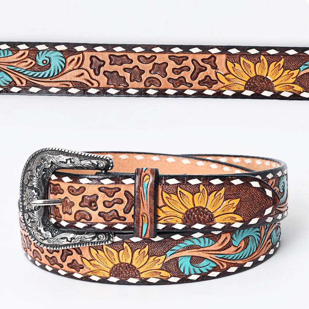 Womens Western Hand Tooled Leather Belt, Rodeo Belt, Embossed Leather