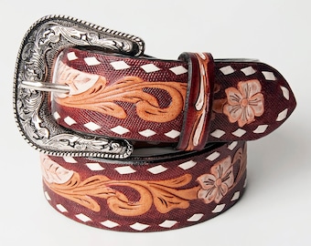 Womens Western Hand Tooled Leather Belt, Rodeo Belt, Embossed Leather Belt, Western Belt, Cowboy Belt, Cowgirl Belt, Studded Handmade Belt