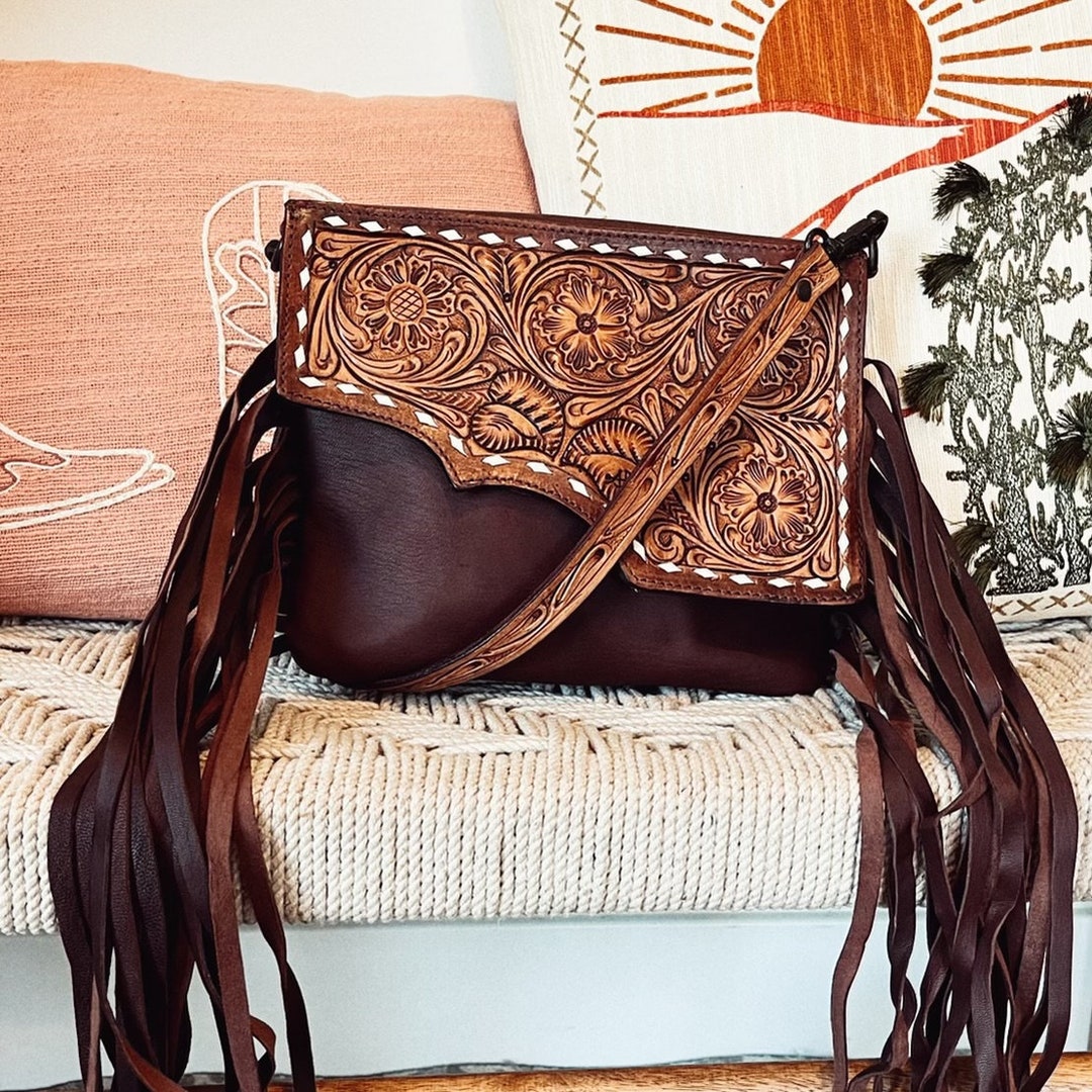 Western Hand Tooled Leather Crossbody Purse, Western Crossbody Purse, Cowhide Purse, Leather