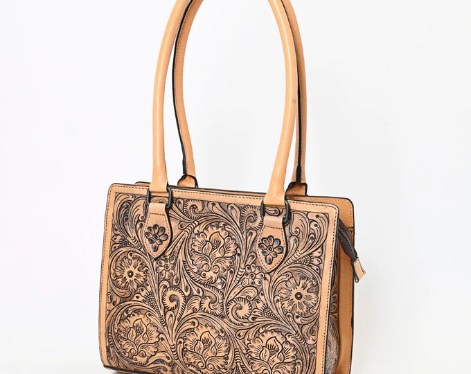 Western Hand Tooled Leather Purse, Western Tote Bag, Cowhide Purse, Genuine Leather Purse, Western Leather Shoulder Tote Bag, Handmade Bag