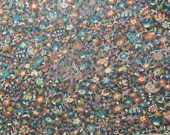 Vintage Floral Silk Kimono Fabric, chirimen weave: Blue, Orange, Lilac