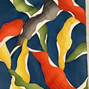 Vintage Silk Kimono Fabric: leave pattern (105cm x 35cm), upcycled material, 1970s
