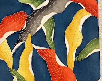 Vintage Silk Kimono Fabric: leave pattern (105cm x 35cm), upcycled material, 1970s