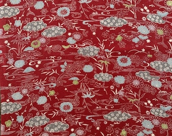 Vintage Japanese Kimono Fabric: Red Silk Chirimen with Clouds & Flowers