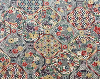Vintage Silk Kimono Fabric: Floral Octagon Print, Japanese Textile