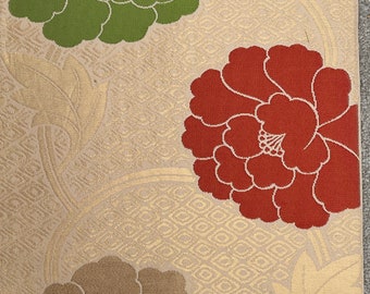 Y627 ヴィンテージ シルク 着物 袋帯 ベージュ 金彩 刺繍 / 唐織 雲