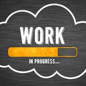 May include: A white cloud with the word "WORK" in black text and a yellow progress bar that says "IN PROGRESS..." underneath.