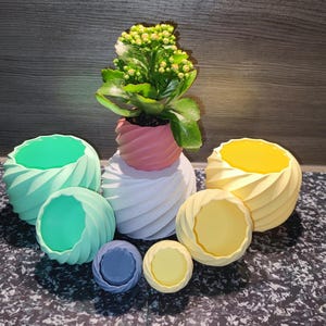 Könnte beinhalten: Ein Set aus sechs bunten, spiralförmigen Pflanzgefäßen aus Keramik. Die Pflanzgefäße sind in verschiedenen Größen und Farben, darunter Grün, Gelb und Weiß. Eine kleine grüne Pflanze befindet sich im größten Pflanzgefäß.