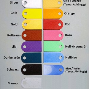 Puede incluir: Una tabla que muestra 12 muestras de color diferentes con nombres y descripciones de colores en alem&aacute;n. Los colores incluyen blanco, plata, amarillo, oro, marr&oacute;n rojizo, lila, verde oscuro, negro y m&aacute;rmol. La tabla tambi&eacute;n incluye colores que brillan en la oscuridad como naranja, rojo, rosa, verde, azul claro y azul/blanco.