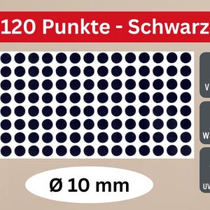 May include: A sheet of 120 black dot stickers, each 10 mm in diameter. The stickers are made of vinyl and are weatherproof and UV-resistant.
