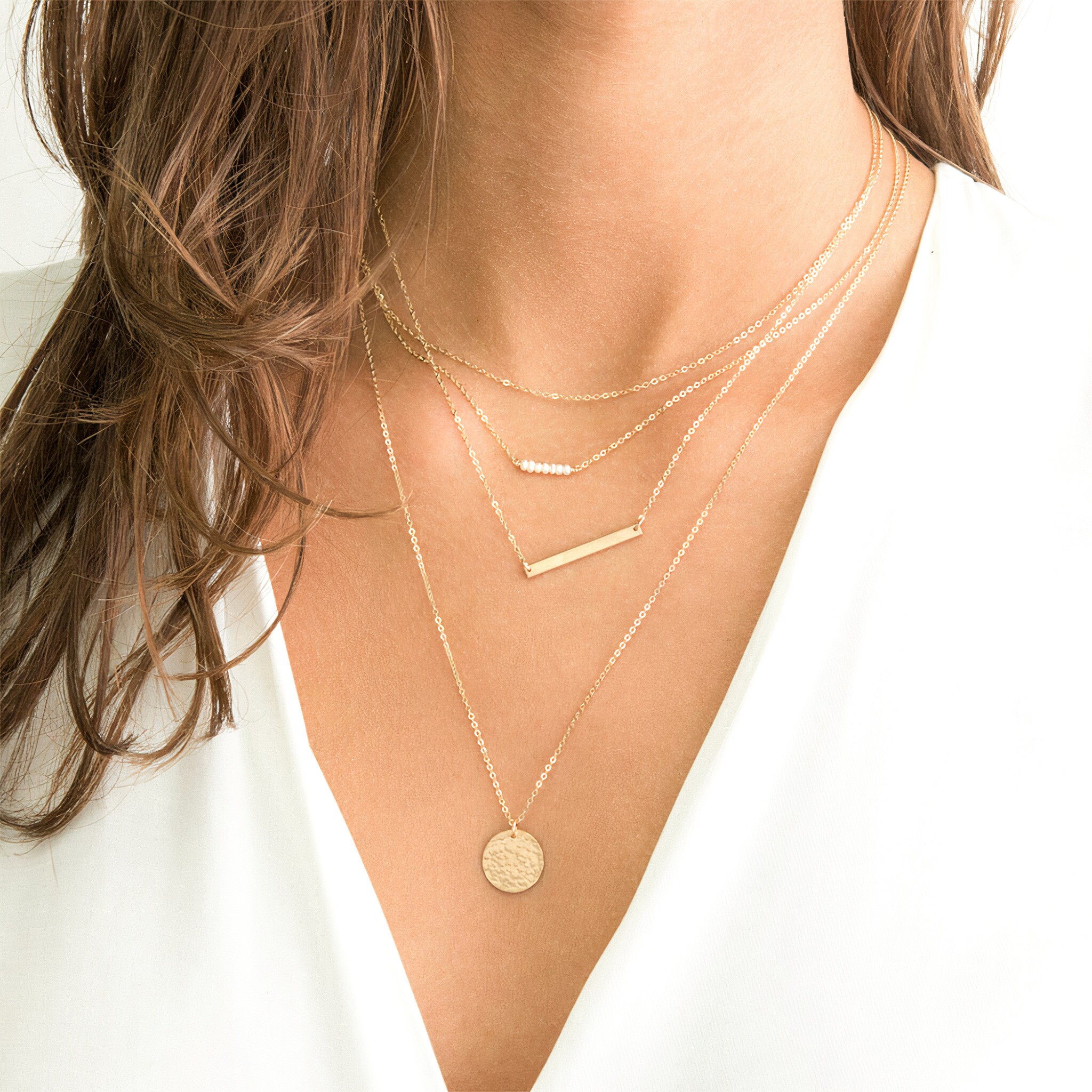 Personalized Layering Necklace Set With Gold Bar Dainty Initial
