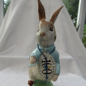 May include: A ceramic figurine of Peter Rabbit wearing a blue jacket and brown shoes. The figurine is standing on a green base and has a tag that says "1903 Peter Rabbit 100 F. Warne & Co. 1993".