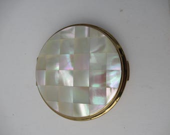 Vintage Pretty Powder Compact by Stratton Compact Mother of Pearl Gold Tone   Make Up Glamour Mid Century Collectible