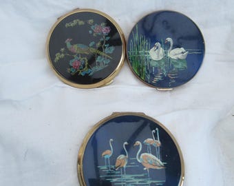 Vintage Powder Compacts by Stratton Bundle of 3 Birds Swans Flamingos Peacock Collectable Glamour Mid Century Unisex Collectable Gift