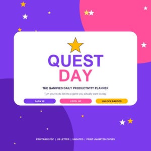 Può includere: Una grafica rettangolare bianca per un pianificatore di produttività con un'icona a stella gialla e il testo QUEST DAY. Sotto, si legge THE GAMIFIED DAILY PRODUCTIVITY PLANNER e Turn your to-do list into a game you actually want to play. Include pulsanti etichettati EARN XP, LEVEL UP e UNLOCK BADGES, oltre al testo PRINTABLE PDF | US LETTER | UNDATED | PRINT UNLIMITED COPIES.