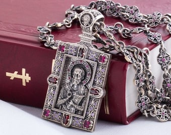 Orthodox christian Greece Serbian  Ukrainian style necklace pendant + chain silver 925 Saint Nicholas The Byzantine Church