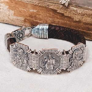 Griechenland Byzantinisch-Orthodoxe christliche Silber 925 Lederarmband mit einem Ornament der byzantinischen Kirche