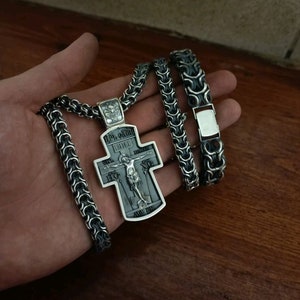 Big Massive handcrafted set Greece Serbian orthodox Crucifixion of Christ and Archangel Michael + super massive chain The Byzantine Church