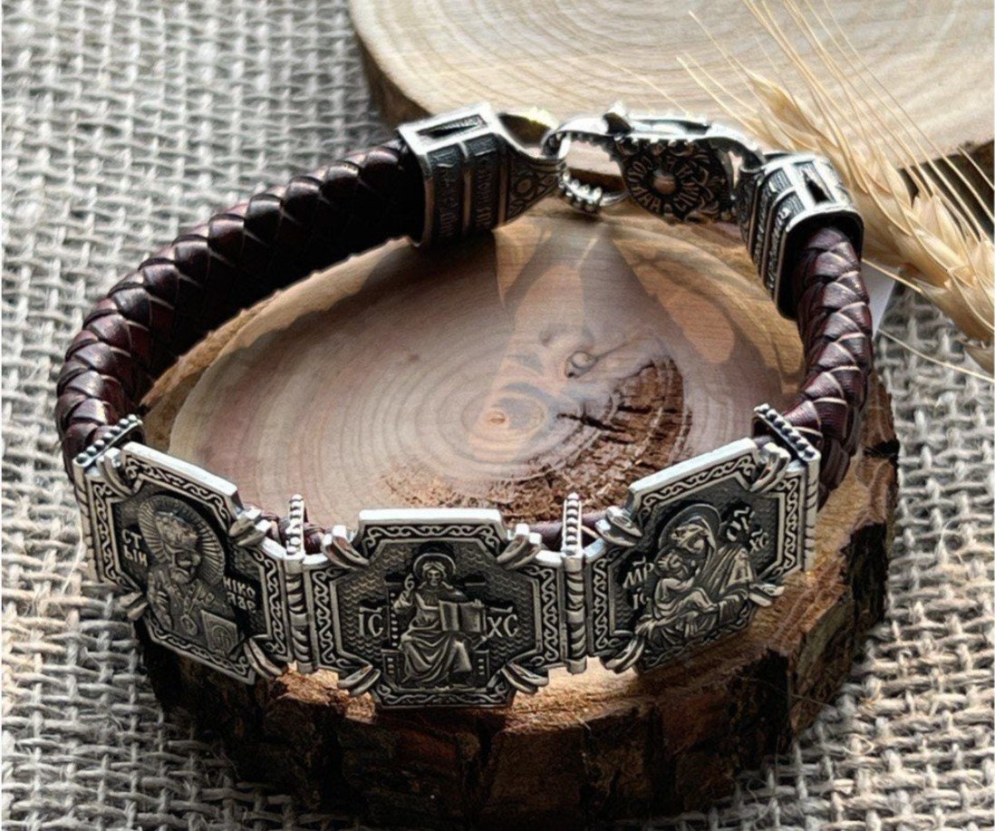 Handmade Sterling Silver Orthodox Icon Bracelet: Byzantine Leather
