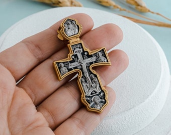 The Holy Trinity Double-sided Greece Ukrainian  orthodox relics silver + gold plated crucifix pendant cross The Byzantine Church