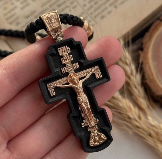 Handmade Orthodox Crucifix Pendant: Carved Ebony, 24K Gold-plated