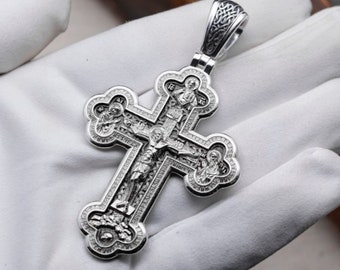 Massive big crucifix Byzantine Theotokos and John the Baptist Orthodox style Serbian Greek  Ukrainian silver 925cross pendant