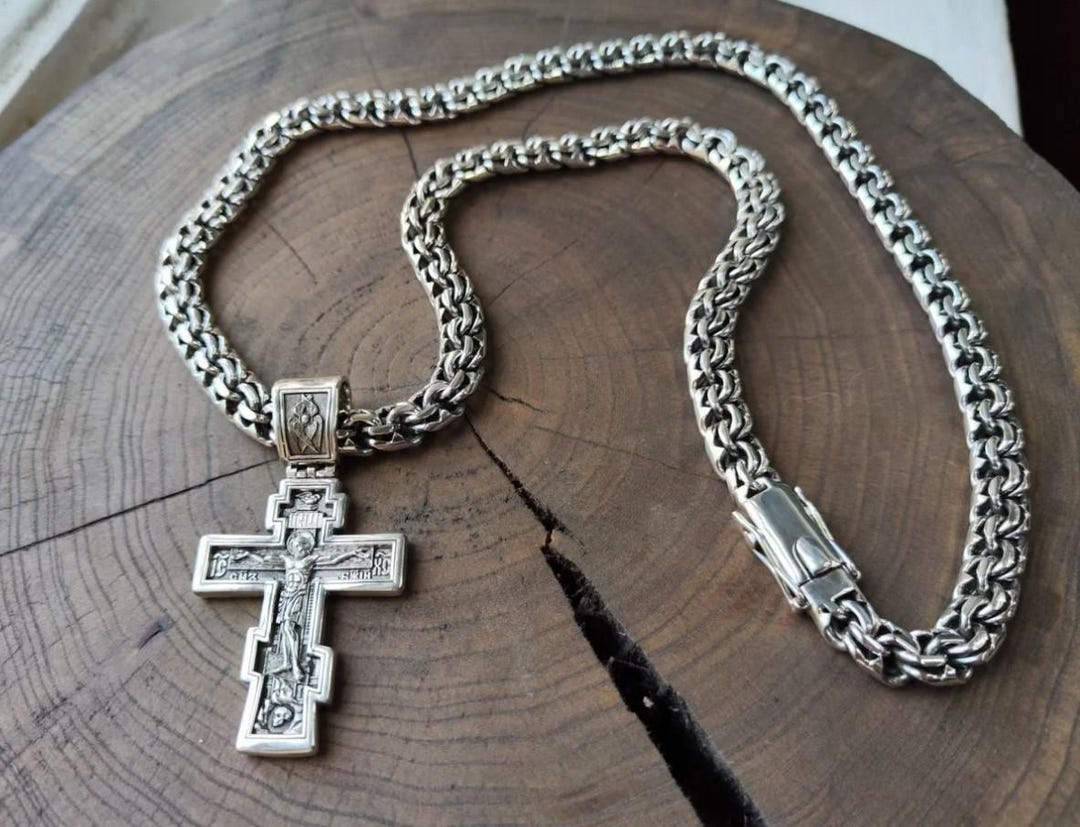 Massive Set of Chain and Cross Pendant Christian Silver Necklace 925 ...