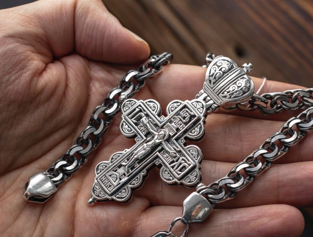 used_Store！Silver Cross Etching ネックレス Traditional Orthodox Greece Handmade Silver Cross-reliquary Opens