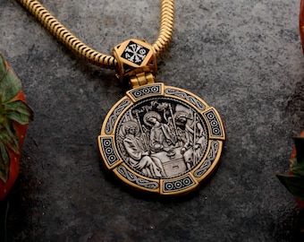 Traditional silver 925 gold plated handcrafted Holy Trinity pendant necklace body icon Orthodox Greece Ukraine style The Byzantine Church