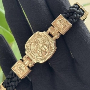 Crafted Traditional christian orthodox bracelet silver + gold 24K &quot;Savior Jesus&quot; saints faces prayer text Byzantine Romanian Style