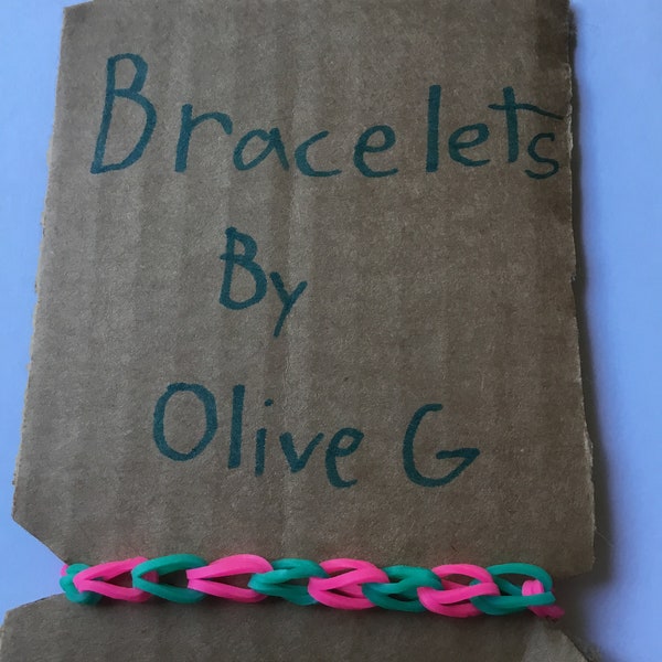 Handmade pink and teal kids rubber band bracelet