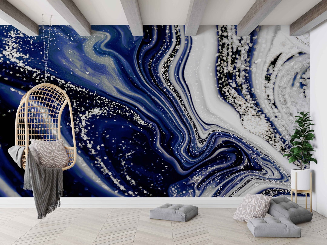 Modern Marble Mural, Navy Blue Marble Wall Art, Navy Blue and Silver