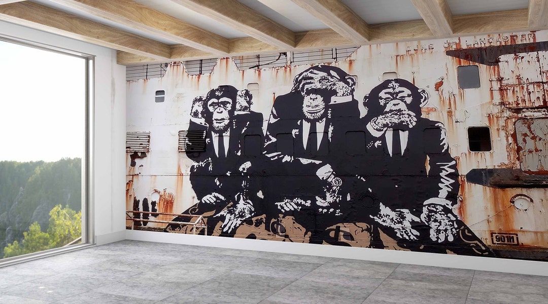 Banksy Three Wise Monkeys Painting Wall Mural Street Wall Etsy