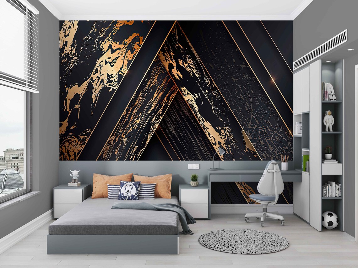 Black Gold Abstract Wall Art Gold Mural Modern Abstract Wall - Etsy