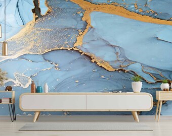  GUANMING Blue Marble Texture Golden Border Wall Art