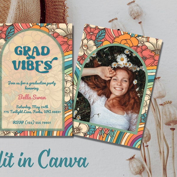 Hippie Graduation Invite, Retro graduation invitation, Editable Graduation Invite, Grad vibes, Retro Graduation Announcement, Groovy Grad