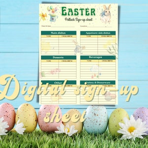 May include: A printable Easter potluck sign-up sheet with a yellow background and green accents. The sheet is divided into sections for main dishes, appetizers, desserts, beverages, other, and cutlery & dinnerware. Each section has a space for name and what the person will bring.