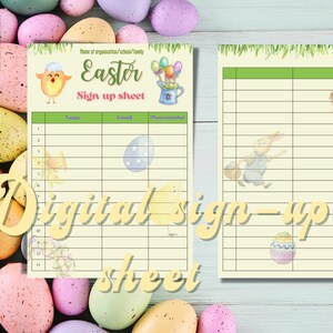 Könnte beinhalten: Ein druckbares Anmeldeformular für Ostern mit einem gelben Küken, grünen und weißen Ostereiern und einem Hasen. Das Formular hat Spalten für Name, E-Mail und Telefonnummer. Der Text auf dem Formular lautet "Name der Organisation/Schule/Familie Ostern Anmeldeformular".