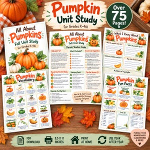 Könnte beinhalten: Ein Pumpkin Unit Study Lernpaket für die Klassen K-4, das über 75 Seiten mit druckbaren Arbeitsblättern enthält. Die Seiten umfassen Vokabellisten, Wissenswertes und geführte Aktivitäten mit Illustrationen von Kürbissen und Herbstblättern.