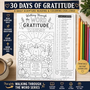 Puede incluir: Una página para colorear imprimible en blanco y negro titulada 30 Days of Gratitude, que presenta una cesta de productos, secciones numeradas para colorear a diario y una lista de lecturas bíblicas. El diseño incluye un sol, nubes y flores.