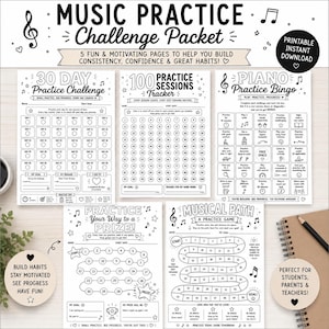 May include: A music practice challenge packet featuring five black and white printable pages. The sheets include a 30-day challenge, a 100-session tracker, a piano practice bingo card, a practice path game, and a prize-tracking worksheet.