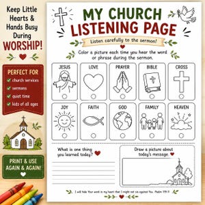 May include: A printable church listening page activity sheet featuring the title MY CHURCH LISTENING PAGE, a list of religious icons to color including Jesus, a heart, praying hands, a Bible, a cross, a sun, a fish, a globe, and a family.