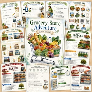 Pode incluir: Uma coleção de fichas educativas intitulada Grocery Store Adventure Unit Study, com ilustrações de um carrinho de compras cheio de produtos, mapas de lojas, regras de segurança, boas maneiras, listas de vocabulário e guias de departamentos de produtos, padaria, laticínios e carne.