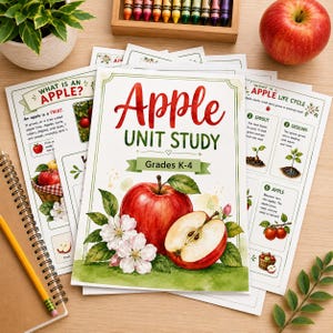 Könnte beinhalten: Ein Apple Unit Study Lernheft für die Klassen K-4 mit einer Aquarellillustration eines ganzen roten Apfels, eines aufgeschnittenen Apfels und weißen Apfelblüten. Das Cover enthält den Text Apple Unit Study und Grades K-4.