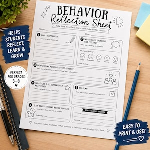 May include: A white Behavior Reflection Sheet printed with black text and line graphics. The document includes six numbered sections for students to reflect on actions, feelings, and future choices, featuring a staff section and signature lines.