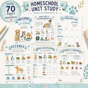Könnte beinhalten: Eine Sammlung von pädagogischen Arbeitsblättern für den Heimunterricht mit Themen wie Veterinärmedizin, Tierklassifizierung und Naturwissenschaften. Die Seiten enthalten Illustrationen von Tieren, medizinischen Geräten und Überschriften.