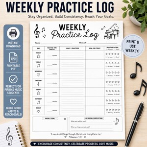 Weekly Practice Log for Piano Lessons Practice Report for Piano Teachers Records for Practice Time