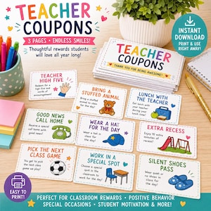 Puede incluir: Un conjunto de cupones para maestros imprimibles con texto colorido e ilustraciones para recompensas en el aula. Las tarjetas incluyen varios incentivos como un almuerzo con el maestro, recreo adicional y un pase de zapatos silenciosos para motivar.