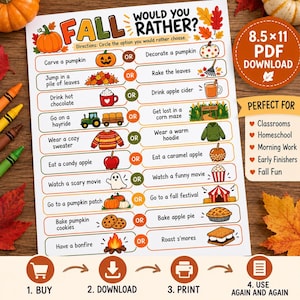 Può includere: Un foglio di gioco Fall Would You Rather con dieci righe di scelte stagionali e illustrazioni come zucche, foglie e dolcetti. Il testo include suggerimenti come Carve a pumpkin, Rake the leaves e Drink hot chocolate, con un cerchio arancione OR tra ogni opzione.